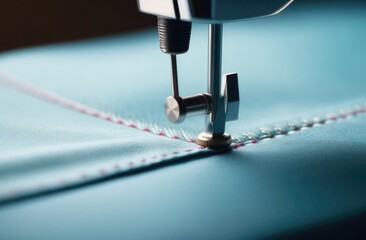 Sewing machine with fabric and thread, close-up, sewing machine day
