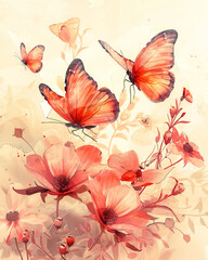 Vintage Floral Butterflies Background in Distressed Grunge Style