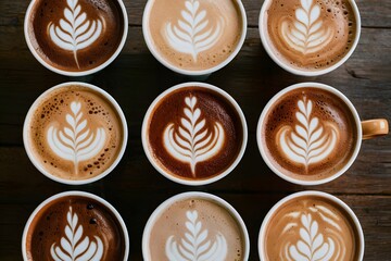 assortment of macchiato cups displayed in top view foodgraphy