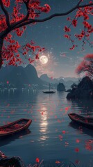 Obraz premium A lake under a high mountain, a round moon