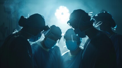 The silhouette of a group of doctors huddle together in a bright sterile operating room. Shrouded in the glow of surgical lights they work diligently to heal and save lives in their . - obrazy, fototapety, plakaty
