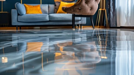 A glossy reflective epoxy resin floor adds an unexpected element to the room with its glossy finish reflecting the furniture and decor in the space. The smooth surface also enhances . - obrazy, fototapety, plakaty