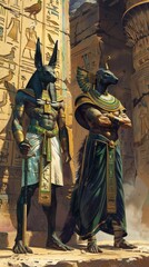 Fototapeta premium A digital painting depicting the Egyptian gods Anubis and Seth standing amidst ancient temple ruins in the desert. Hieroglyphs adorn the walls, adding to the mystique of this fantasy art piece.