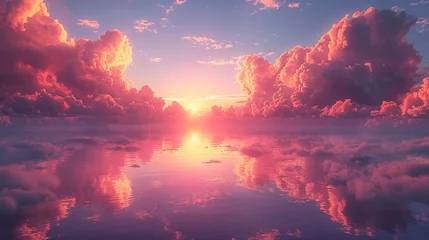 Selbstklebende Fototapeten A magnificent sunrise unfolds, casting a soft, golden light over the tranquil waters below, while the clouds catch fire with hues of pink and orange, all captured flawlessly © shahrukh