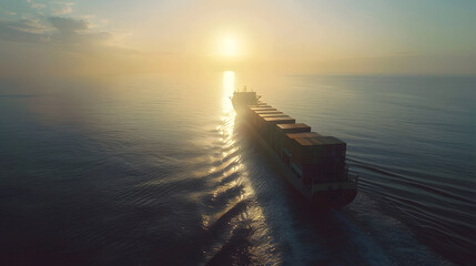 Aerial front view of a container cargo vessel traveling over the ocean with copy space as a banner : Generative AI