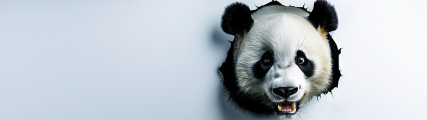 Obraz premium Header, banner with cute curious panda peeking through torn white paper background. 