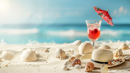 Cocktail on the beach. Marine background with copy space.
