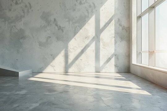 Empty room interior with concrete walls, grey floor with light and soft skylight from window. Background with copy-space. . Beautiful simple AI generated image in 4K, unique.
