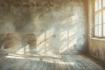 Empty room interior with concrete walls, grey floor with light and soft skylight from window. Background with copy-space. . Beautiful simple AI generated image in 4K, unique. - obrazy, fototapety, plakaty
