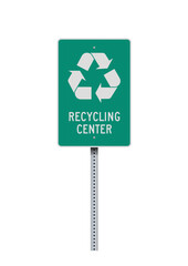 Vector illustration of the recycling center green road sign on metallic post - 787223380