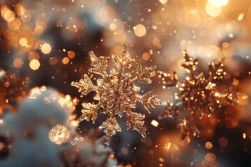 A close-up shot of an elaborate snowflake structure enhanced by a warm golden glow, emphasizing detailed design and winter's beauty