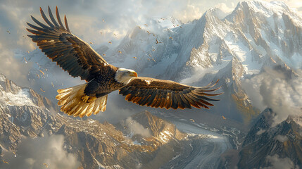 A majestic bald eagle soaring high above snow-capped mountains, its keen eyes scanning the landscape for prey in the summer sunlight