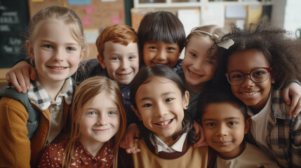 junior school students children group looking at camera standing in classroom