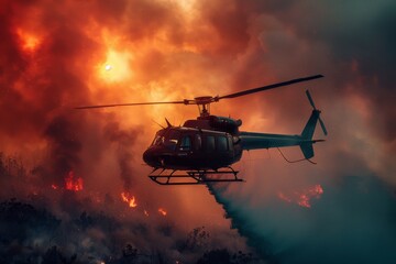 The image shows a helicopter with a water line flying amidst smoke and fire in a forested area