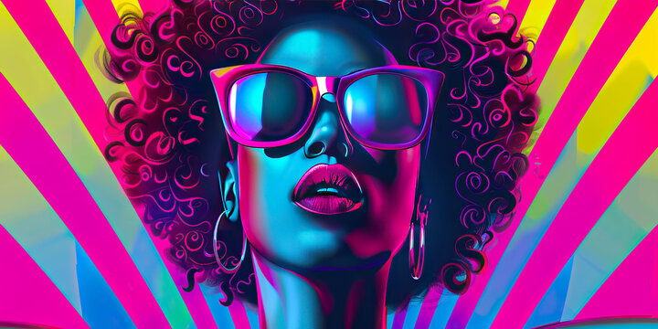 African American funk woman. Disco, funk and soul. Musical lifestyle background. Fashionable hippie girl