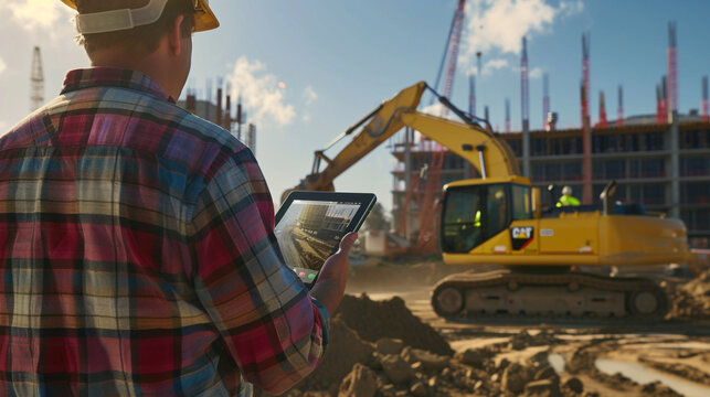 Foreman in a hard hat uses a digital tablet for project management on a construction site with an excavator under a sunny sky.