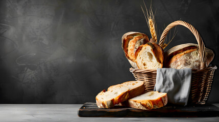 Basket of artisan breads and slices with copy space on blackboard : Generative AI