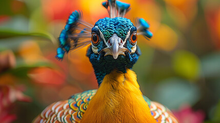 A majestic peacock displaying its vibrant plumage, its feathers fanned out in a dazzling array of colors in the summer sunlight