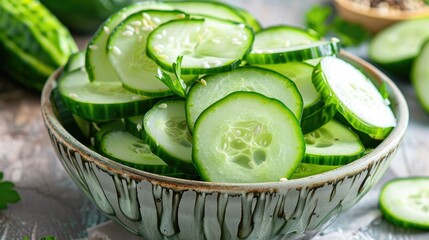 Fresh and Beautiful Cucumber Pieces Arranged in a Bowl - obrazy, fototapety, plakaty