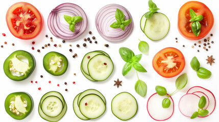 Sliced and Whole Fresh Vegetables with Herbs and Spices on White Background. Generative AI