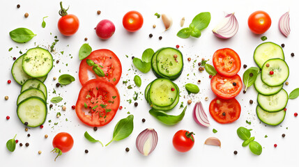 Sliced and Whole Fresh Vegetables with Herbs and Spices on White Background. Generative AI - obrazy, fototapety, plakaty