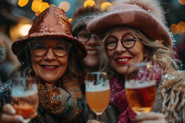 Two joyous elderly women cheer with drinks, with happy faces and festive attire