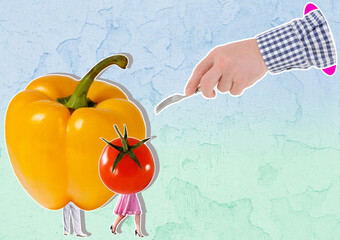 Composite Collage. A large sweet pepper with a man's legs and a small tomato with a woman's legs at gunpoint of a hand holding a fork