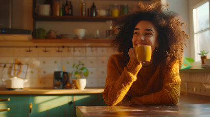 Portrait of happy freelancer lady enjoying cup of hot coffee in kitchen and smiling at camera free space Excited millennial woman sitting at table having break in work copy space : Generative AI
