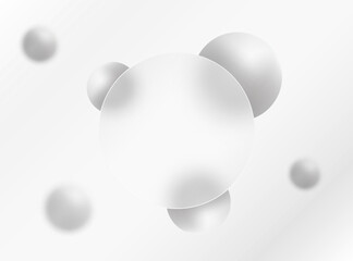 Glass morphism effect. Round banner made of transparent glass. Silver colored 3D spheres on a gray background.