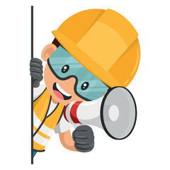 Industrial worker peeking out from behind a wall making an announcement with a megaphone. Concept of communication, notification and contact. Industrial safety and occupational health at work