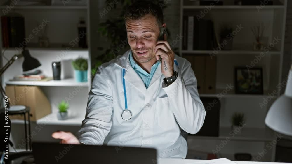 Canvas Prints smiling hispanic doctor in a white coat talking on the phone at a medical clinic office at night