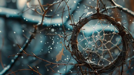 Dream catcher made from a wooden branch, photographed close up against the background of a glass window - obrazy, fototapety, plakaty