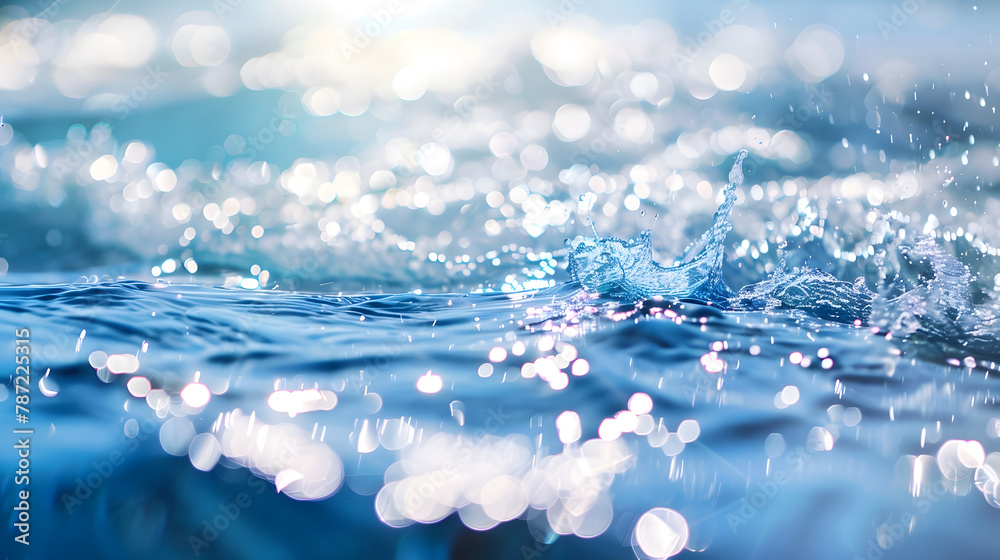 Poster defocus blurred transparent blue colored clear calm water surface texture with splashes and bubbles 