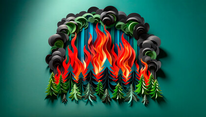 Vivid paper art of a forest fire, depicting the intensity and danger of wildfires, perfect for environmental campaigns and educational use to raise awareness. - obrazy, fototapety, plakaty