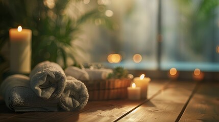 A hazy image of a spa retreat with the blurred outlines of smooth wooden furniture fluffy towels and aromatic candles in the background. The dreamy atmosphere invites you to unwind . - obrazy, fototapety, plakaty