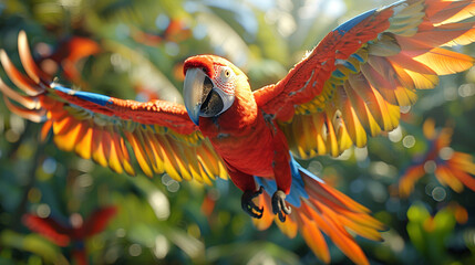 Against a backdrop of blue sky, Scarlet Macaws glide gracefully through the air, their vibrant colors shining brightly in the sunlight, captured in crisp detail