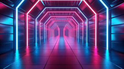 neon-lit futuristic corridor with geometric patterns. Generative AI	 - obrazy, fototapety, plakaty