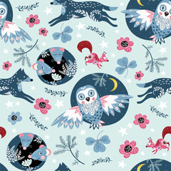 Fototapeta premium Seamless pattern with owls, crescents and floral elements.