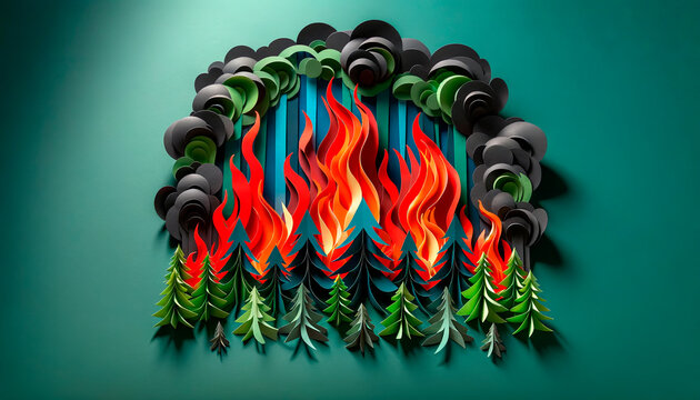 Vivid paper art of a forest fire, depicting the intensity and danger of wildfires, perfect for environmental campaigns and educational use to raise awareness.
