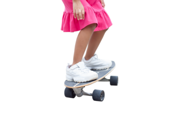 Asian little girl having fun with surfboards or surf skate is relaxing lifestyle on holiday isolated on white background.
