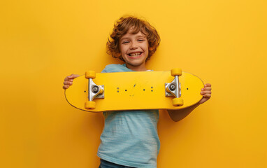 happy child boy holding yellow skateboard isolated on bright colored background