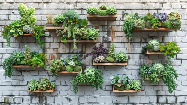 Walls with plants and succulents arranged in wooden pots against a white brick background