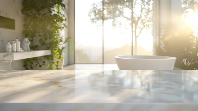 Empty marble countertop on soft blurred background of stylish bathroom interior
