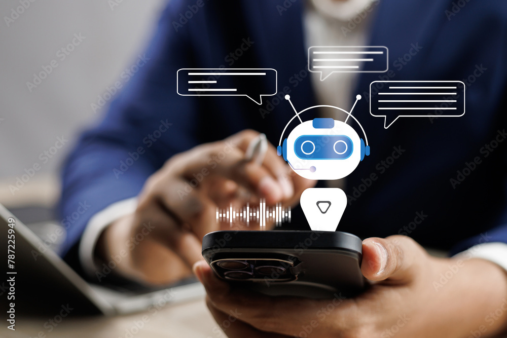 Poster ai artificial intelligence,digital chatbot, man chatting with digital assistant chatbot on mobilepho