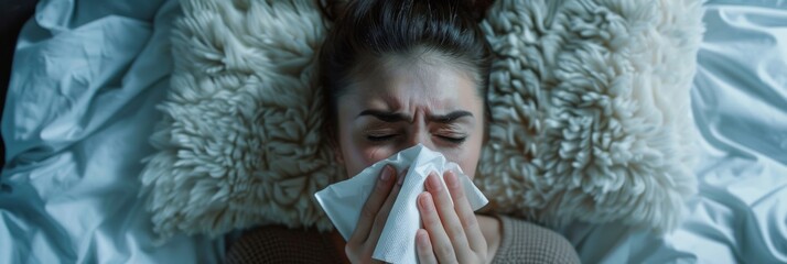 Women blowing their nose into a napkin while lying in bed