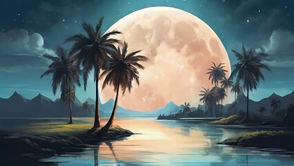 Fototapeta na wymiar Illustration of a lake with palm trees over a full moon