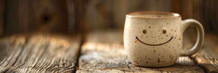 Smiling mug on wooden table background