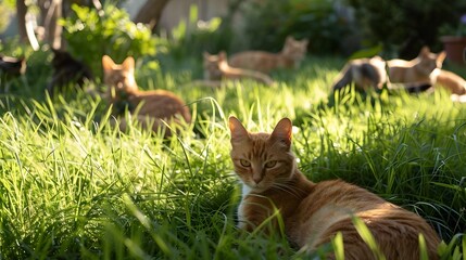 Feline Friends Leisurely Grazing in Serene Backyard Retreat