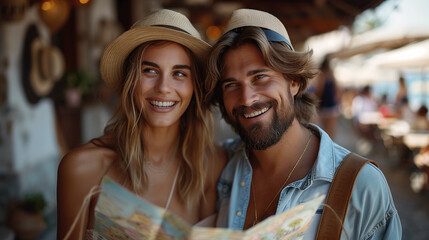 Young couple looking at map while on vacation during summer together