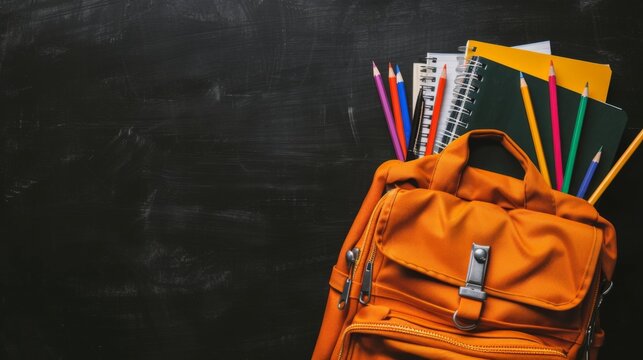 Backpack filled with school supplies located on chalkboard background